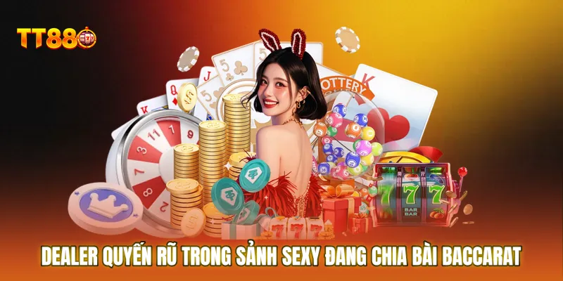 Dealer quyến rũ trong Sảnh casino Sexy đang chia bài Baccarat
